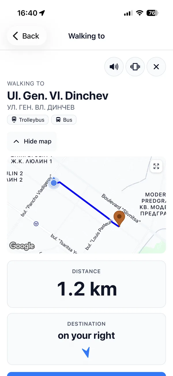 Reysko ti guida a piedi verso Ul. Gen. Vl. Dinchev: la mappa del percorso, 1,2 chilometri da percorrere e la destinazione sulla tua destra.
